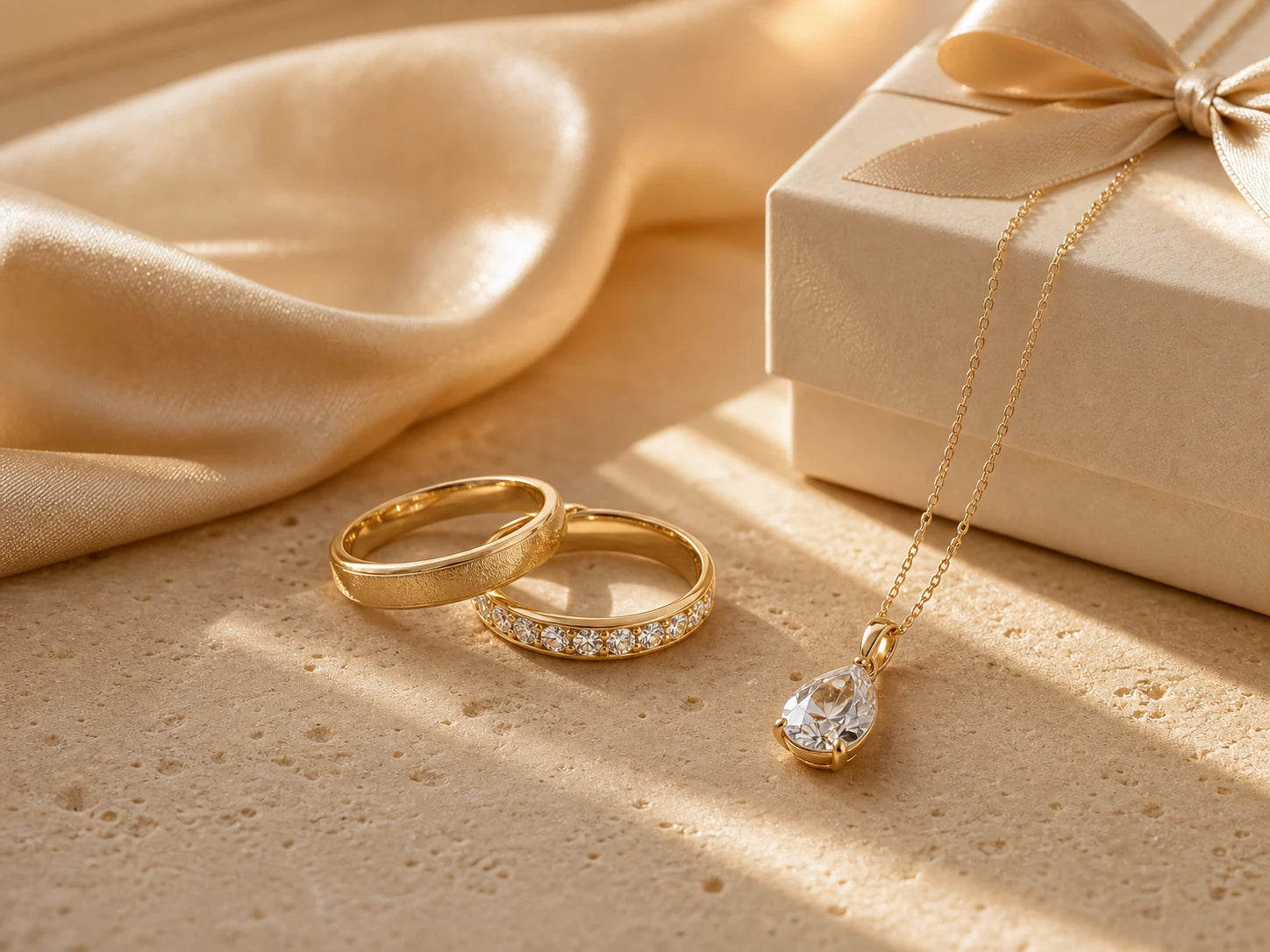 Elegant anniversary jewelry gift with rings and a pendant