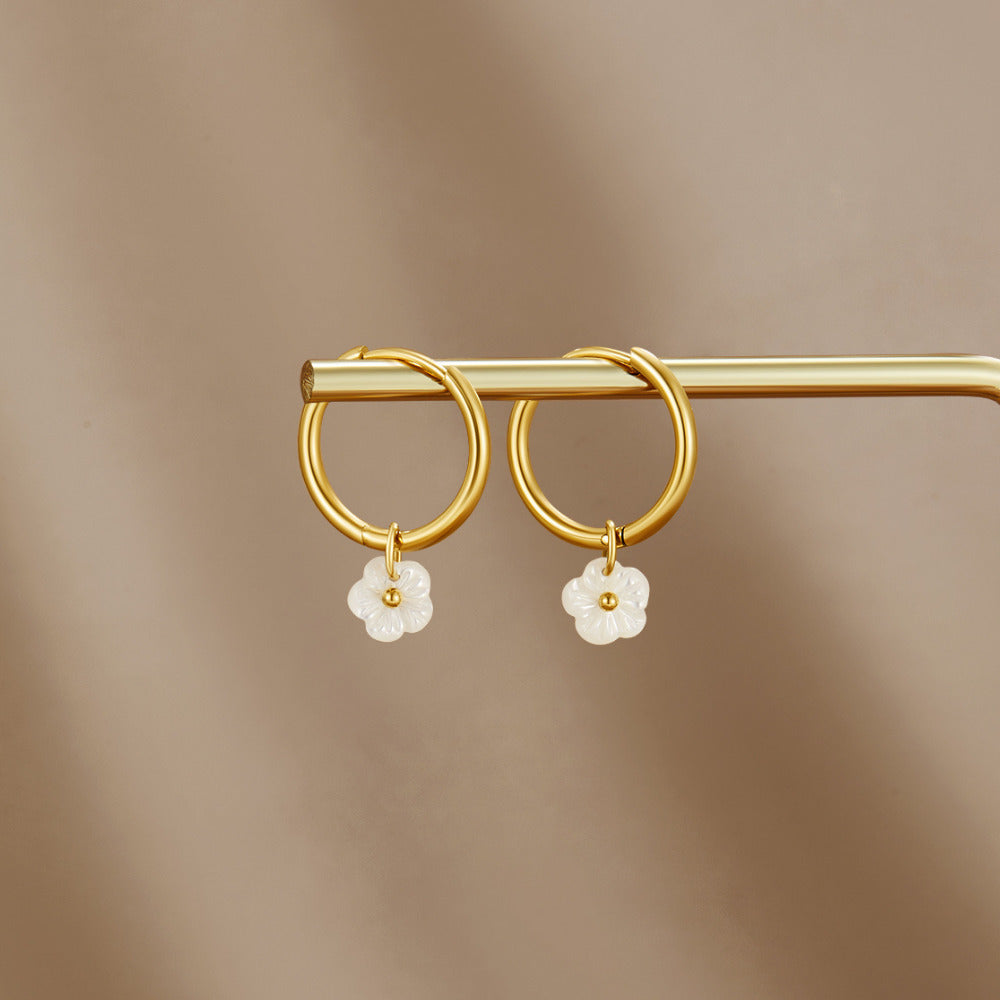 White Petal Shell Hoop Earrings — view 1