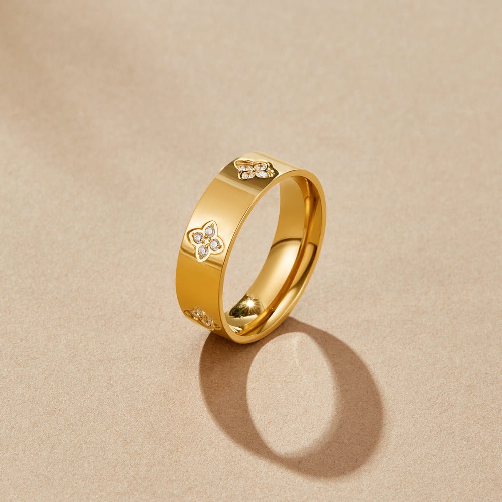Gold Crystal Clover Band Ring — view 1