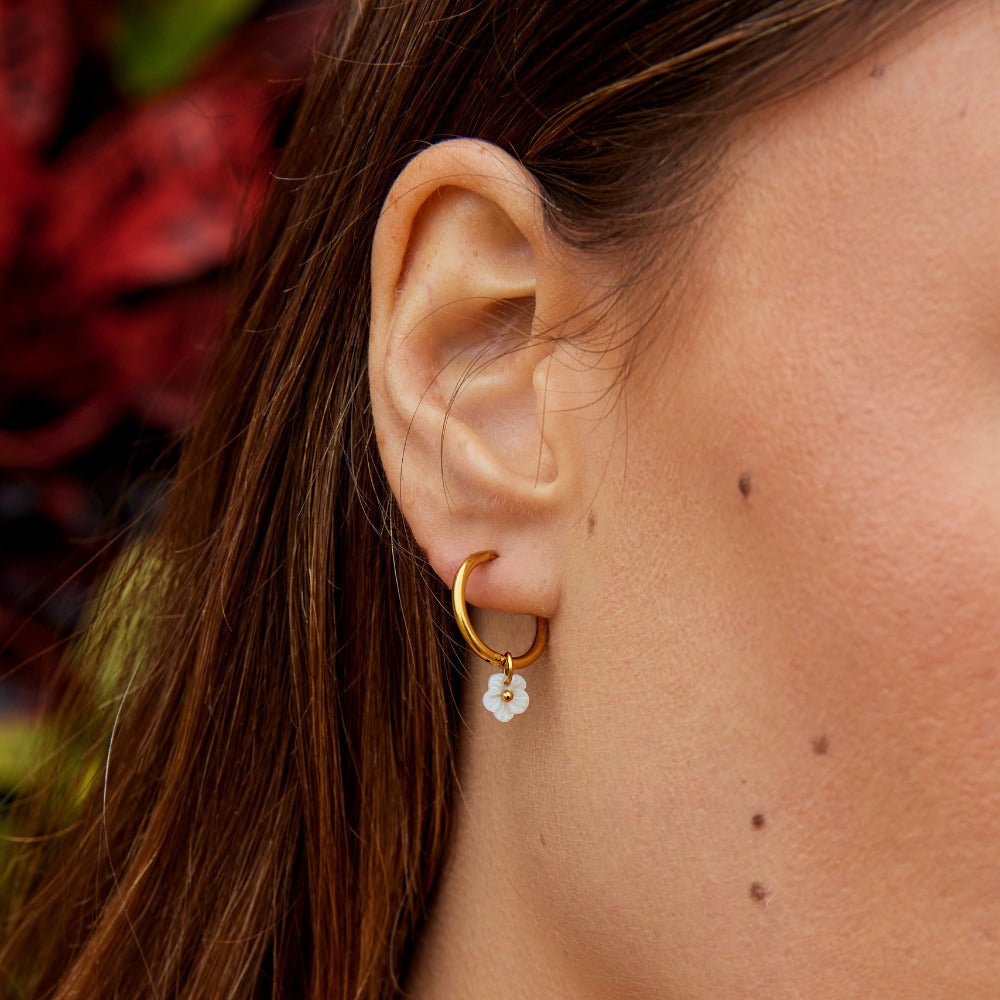 White Petal Shell Hoop Earrings — view 2